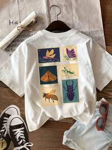 Women's Sheer Double-Sided Print T-Shirt, Vintage Style, Insect Stamp Print: Dragonfly, Butterfly, Bee, Casual Round Neck Short Sleeve Top For Spring/Summer, Yang K - 白色 - 查看 5