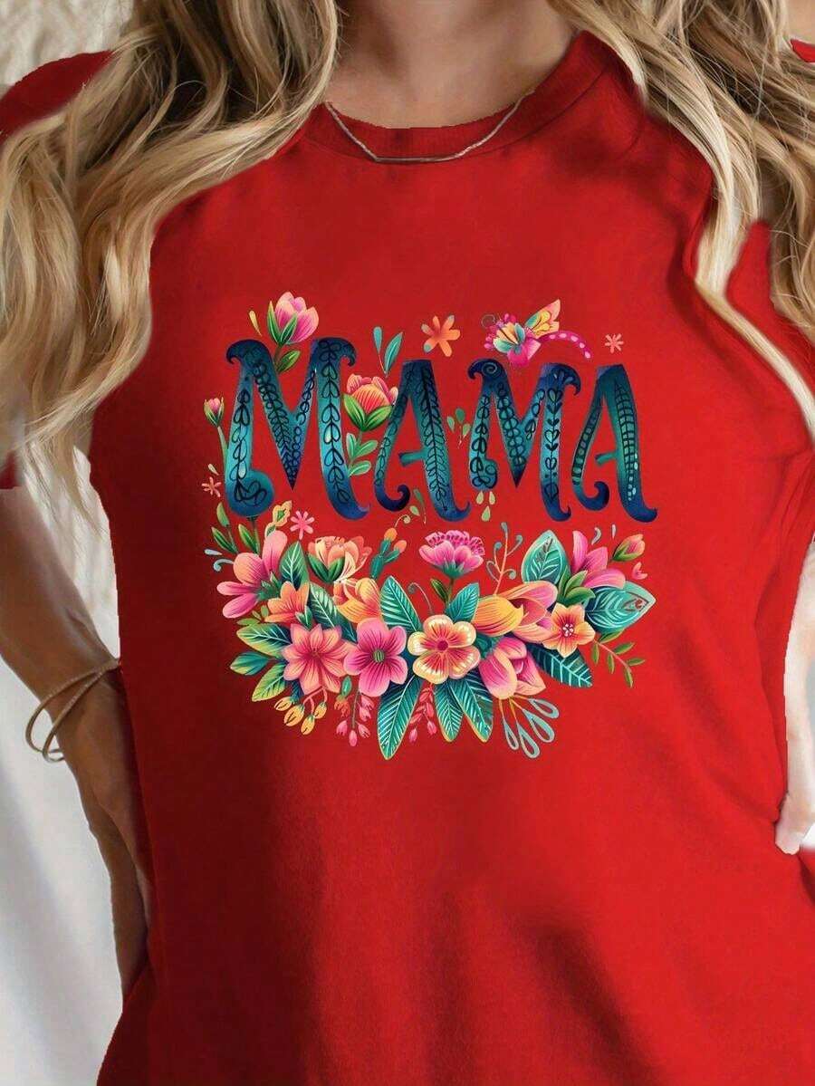 Women's Graphic T-Shirts, Soft T-Shirt With Bright Floral Design "MAMA" - Comfortable Fit, Casual Style, Machine Washable, Suitable For All Seasons, 100% Cotton, Casual Cotton T-Shirt For Women, Mother's Day Gift. - 紅色 - 查看 1