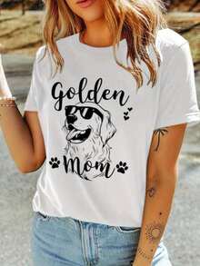 1 Piece Women's Casual T-Shirt With "Golden Dog Mom" Print, Soft And Silky Fiber Fabric, Short Sleeve, Round Neck, Machine Washable, White With Black Print, Perfect For Casual Outfits, T-Shirt For Dog Lovers, 180g 100% Cotton. - 白色 - 查看 8