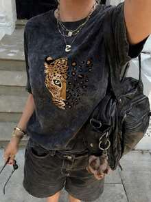Nueva blusa de verano con estampado de cara de leopardo vintage, cuello redondo, teñido anudado y manga corta.Elegante y versátil para mujer. - Negro 5 - Ver 9