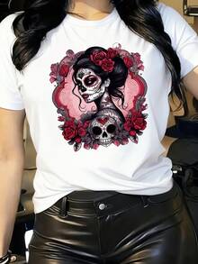 Women's T-Shirt Made Of Pure Cotton, Casual Loose Style, With Mexican Day Of The Dead Print, Short Sleeves, Regular Fit, Round Neck, Women's Clothing For Spring/Summer, Casual Outdoor Fashion, Lightweight And Breathable Fabric, Gift For The Holidays. - 白色 - 查看 1