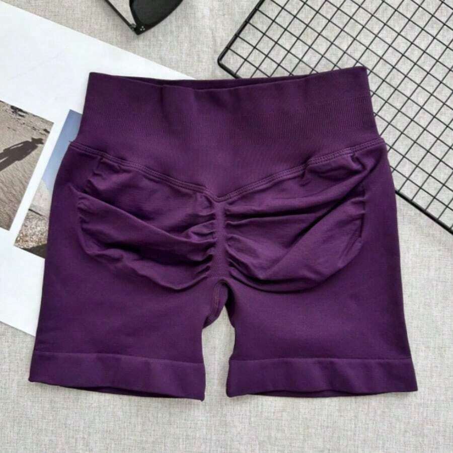 Pantalones cortos de yoga sin costuras de cintura alta para mujer - Levantamiento de glúteos elástico, adecuado para correr, fitness y actividades al aire libre| Apariencia de moda| Tela elástica de verano - Ciruela intensa - Ver 1