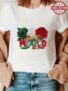 Women's Short Sleeve Blouse, One Piece, Beautiful Blouses For Women, Women's Clothing Sets, Mexico Image, 180G T-Shirt, Black And White, Floral Print, High Quality, Round Neck, Basic Fit, Loose, Breathable, Versatile, Machine Washable, Comfortable, Size S-3XL, Daily, Casual, Sporty, Summer Essential. Leisure - 白色 - 查看 2
