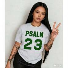 Camiseta Transpirable de Fe Cristiana para Mujer - Estampado Versículo Bíblico Salmo 23, Ligera, Cuello Redondo, Manga Corta, Blanca con Texto Verde, Ropa Casual para Exteriores - Top de Verano Lavable (Tallas de EE. UU.) Ropa de Mujer a la Moda - Gris - Ver 2