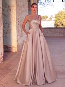 Satin rückenfrei Krawatte Träger Abendkleid, elegantes formelles Abendkleid geeignet für Hochzeitsgäste, Abschlussfeiern, Galas und andere formelle Anlässe - Champagnerfarben - Übersicht 4