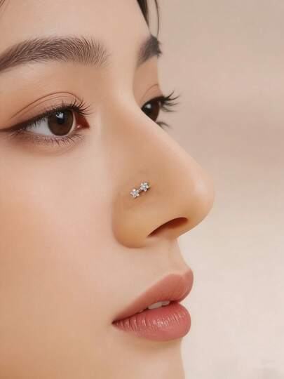 1 chiếc khuyên mũi hình chữ L đính đá Cubic Zirconia hình ngôi sao đôi, làm từ thép không gỉ 316L, khuyên mũi không gây dị ứng dành cho nữ.