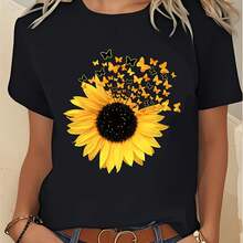 Men's And Women's Sunflower And Butterfly Print T-Shirt - 100% Soft Rayon Blend, Crew Neck, Short Sleeve, With Yellow Sunflower And Brown Butterfly Design, Breathable Casual Wear, Machine Washable, All-Season Comfort, Unisex Regular Fit T-Shirt For Spring - 黑色 - 查看 1