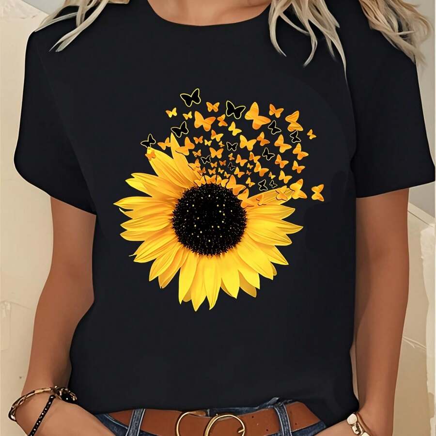Men's And Women's Sunflower And Butterfly Print T-Shirt - 100% Soft Rayon Blend, Crew Neck, Short Sleeve, With Yellow Sunflower And Brown Butterfly Design, Breathable Casual Wear, Machine Washable, All-Season Comfort, Unisex Regular Fit T-Shirt For Spring - 黑色 - 查看 1
