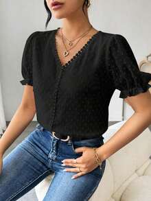 Blusa de gasa con estampado de lunares francés de moda para mujer, diseño elegante y elegante de manga corta con volantes para el verano - Negro - Ver 6