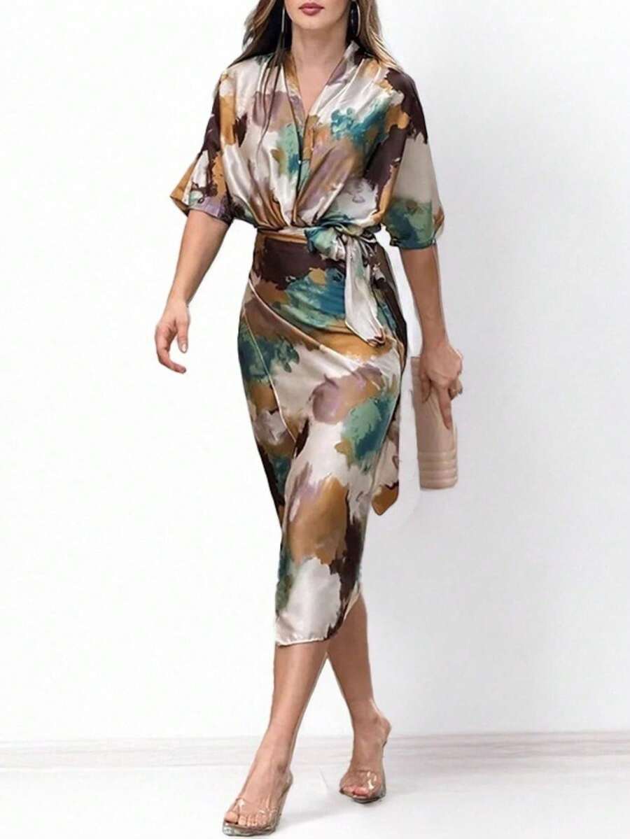 Vestido estampado primavera 2026, ajustado con cordón, estilo casual elegante - Multicolor - Ver 1