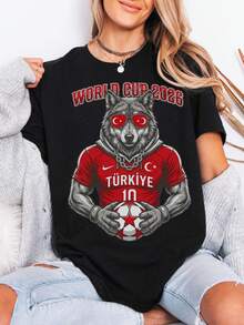 Turkey World Cup 2026 T-Shirt Women's Fashionable Casual T-Shirt With Creative Print, Short Sleeve, Round Neck, Summer T-Shirt Women Festive Celebration Shirt Party Wear Top - 黑色 - 查看 1
