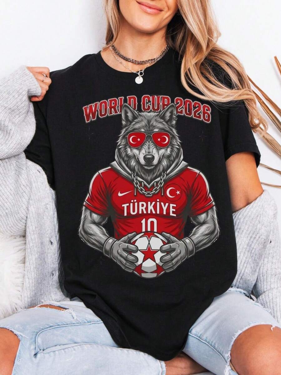 Turkey World Cup 2026 T-Shirt Women's Fashionable Casual T-Shirt With Creative Print, Short Sleeve, Round Neck, Summer T-Shirt Women Festive Celebration Shirt Party Wear Top - 黑色 - 查看 1