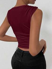 Camiseta de tirantes ajustada con cuello de tripulación y pliegues de unicolor de verano para mujer - Color caoba - Ver 2