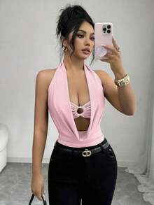 Body de mujer de unicolor con cuello drapeado y recortes huecos - Rosa - Ver 5