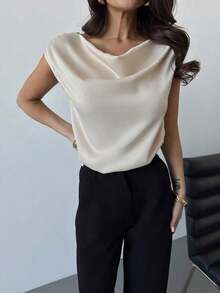 Blusa de satén de unicolor con cuello arrugado asimétrico sin mangas, elegante para mujeres, adecuada para el trabajo, el viaje diario, las citas y las bodas, primavera/verano - Albaricoque - Ver 3