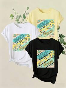 Women's T-Shirts, Women's T-Shirts, 1 Piece Set, Women's Short Sleeve T-Shirts, Short Sleeve T-Shirts With Round Neck And "Beach Please" Print, Casual Style For Spring And Summer Beach Vacation, Women's T-Shirt. - 1件黑色隨機圖案 - 查看 1