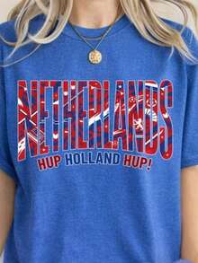 World Cup 2026 Country Teams Shirts, National Football Nations Shirts Netherlands Women's Fashionable Casual T-Shirt With Creative Print, Short Sleeve, Round Neck, For Spring And Summer T-Shirt Women Festive Celebration Shirt Party Wear Top - 彩色 - 查看 1