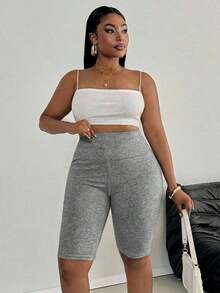 Leggings básicos de color liso para mujer de talla grande, apropiados para shorts de verano hasta la mitad del muslo, adecuados para personas de estatura talla grande baja, leggings de cintura alta, para uso diario, ocio, deportes, vera - Gris Claro - Ver 4