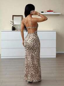 Vestido casual largo para mujer, estampado de leopardo con tirantes de moda sencilla, para uso diario - Albaricoque - Ver 2