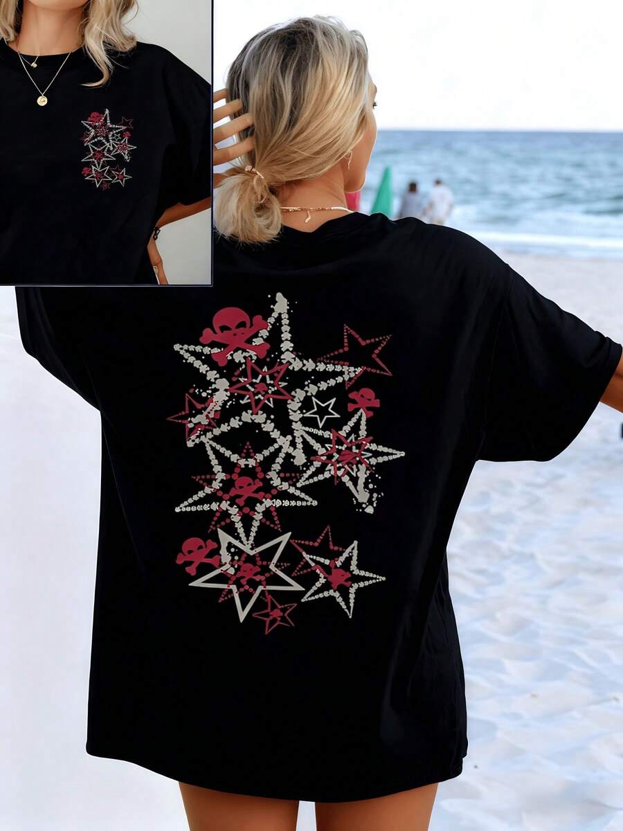 Constellation Of Red Stars With Subtle Skulls Symbolizing Rebellious Energy And Inner Brilliance In Balance. Women's T-Shirts With Double Print Front And Back, Modern And Comfortable. - 黑色 - 查看 1