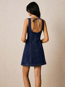 Vestido de mezclilla sin mangas con cuello redondo, espalda descubierta y atar atrás, para mujer en verano - Azul lavado oscuro - Ver 7