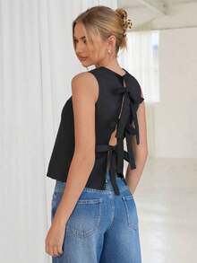1 pieza Blusa elegante sin mangas de unicolor con espalda descubierta y lazo - Negro - Ver 2