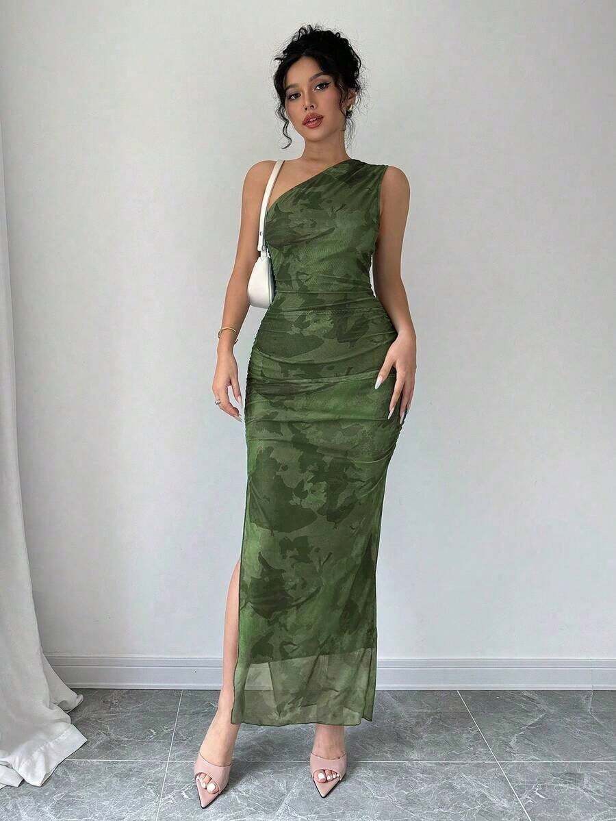 Vestido de noche de lujo para mujer, vestido sexy sin mangas con cuello asimétrico y estampado de teñido anudado - Verde Oliva - Ver 1