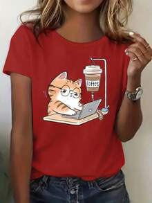 Women's Short-Sleeved T-Shirt With Cartoon Cat Print, Fashionable, For Work - [Red] - View 6