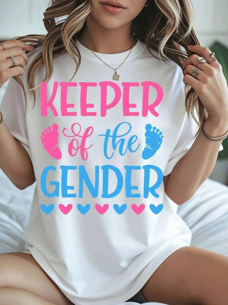 1 "Gender Guardian" T-Shirt For Pregnancy Announcement, Gender Reveal Party Gift, Casual Women's T-Shirt, Unisex Top, 180g, 100% Cotton. - 白色 - 查看 1