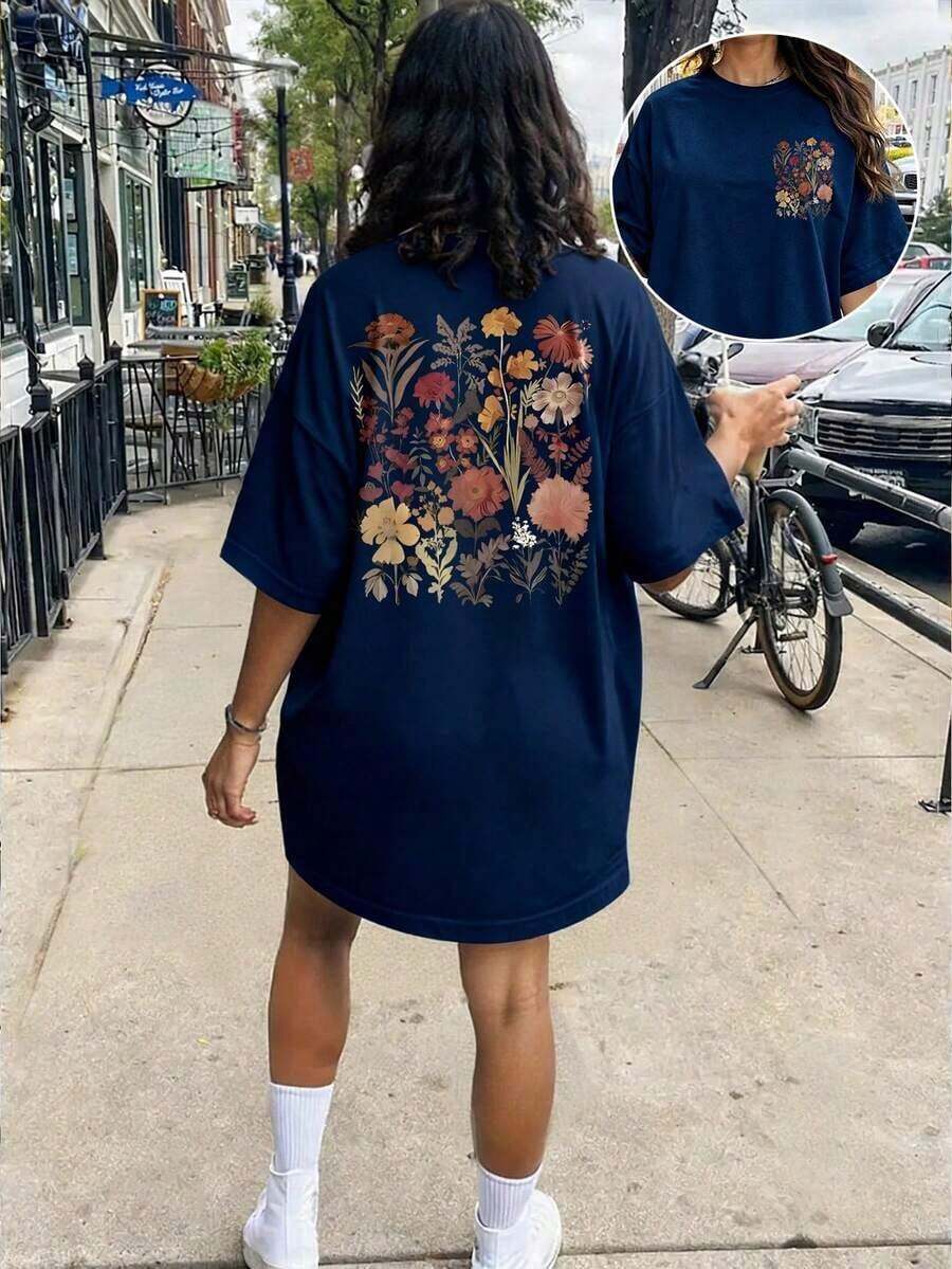 Plus Size Short-Sleeved T-Shirt With Round Neck, Dropped Shoulders And Face Print - 海軍藍 - 查看 1