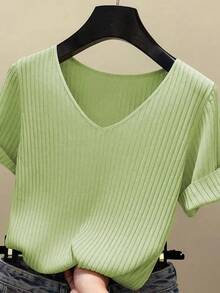 AOSSVIAO 2026 Suéter Básico de Verano para Mujer, Cuello en V, Sólido, Fino, Tejido Acanalado, Manga Corta, Ajustado - verde - Ver 6