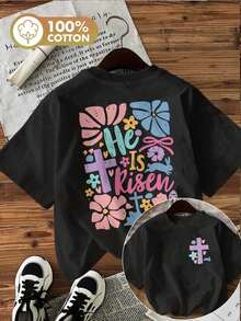 Women's Short-Sleeved T-Shirt, Casual Easter Style With Double-Sided Print, Hand-Drawn Style With Flowers And A Cross, With The Inscription 'HE IS RISEN' On The Round Neck. - 黑色 - 查看 4