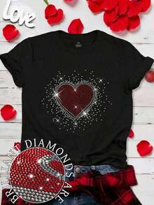 Women's Plus Size Casual Short Sleeve T-Shirt With Round Neck And Heart-Shaped Rhinestones For Valentine's Day - 6 - 查看 8