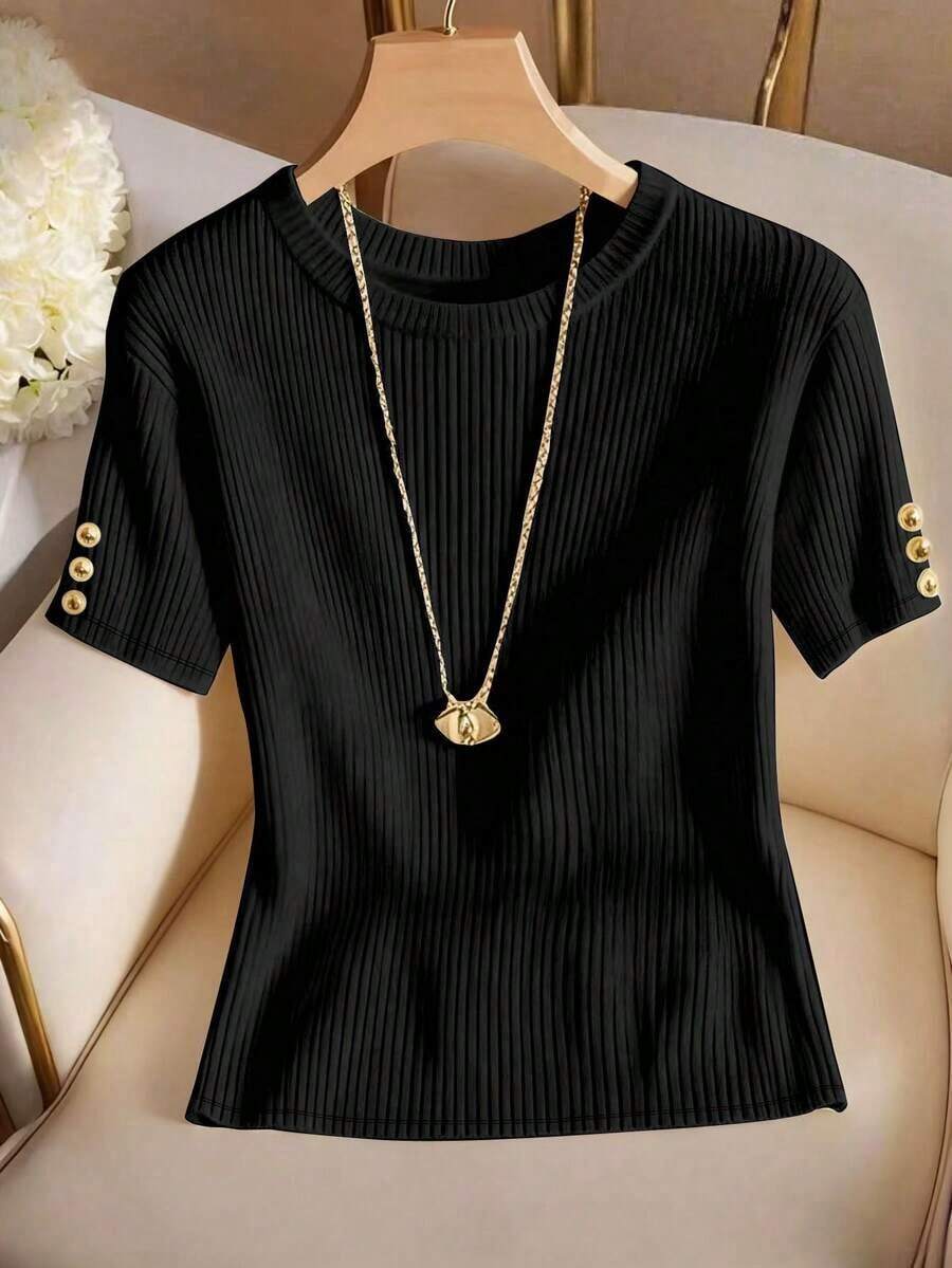 Elegante camiseta de punto de cuello redondo, top de punto minimalista de moda, primavera/verano - Negro - Ver 1