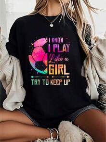 Plus Size Women's 100% Pure Cotton T-Shirt With Fun "I Know I Play Like A Soccer" Print, Comfortable And Cozy, Spring/Summer Styles, Women's Holiday Wear, Suitable For Casual Everyday Wear. - 黑色 - 查看 8