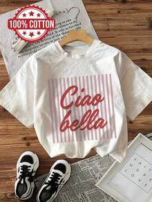 Women's 'Ciao Bella' Graphic T-Shirt - Casual Short Sleeve Striped Print T-Shirt, White With Red And Pink Stripes, Lightweight And Breathable For Casual Outfits, Women's T-Shirts - 白色 - 查看 6