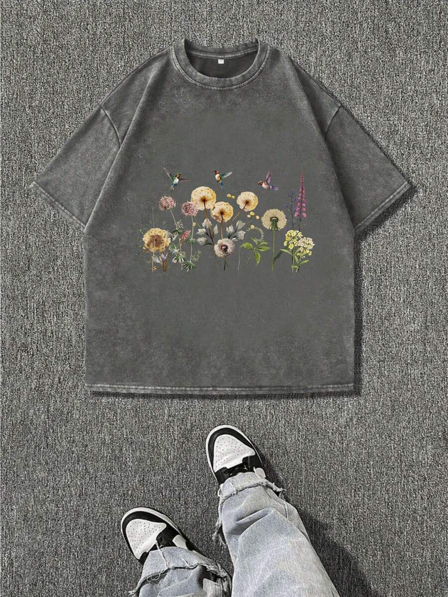 Camiseta Negra Lavada Vintage 2026 para Mujer, Estampado Floral, Estilo Urbano, Corte Holgado, Cuello Redondo - Gris Oscuro - Ver 1