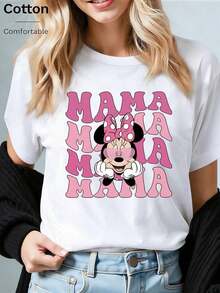 Cute Disney Women's Cotton T-Shirt With Regular Fit And Round Neck, Printed With Minnie Mouse Mama Design. Casual Short-Sleeve Basic, Essential For Summer. Suitable For Spring And Summer, As A Festive Gift, Party Wear, And Everyday Women's Fashion. - 白色 - 查看 6