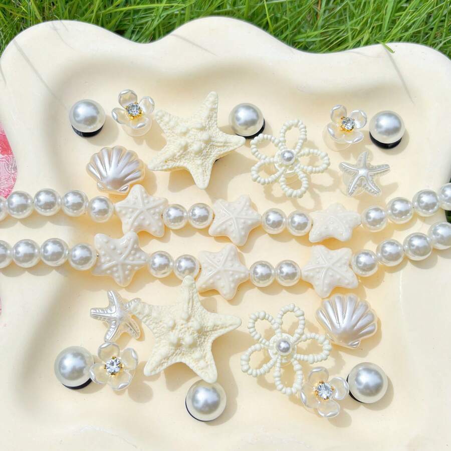 20pcs White Ocean Series Shoe Charms, Shell, Starfish, Bow DIY Accessories, Charm Set For Perforated Slippers