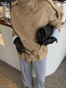 女士复古翻领系带休闲风衣，优雅街头风双排扣长袖外套 - 卡其色 - 查看 5