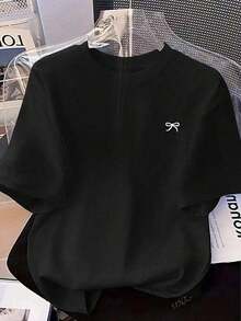 Camiseta de manga corta holgada con estampado de lazo y hombros anchos, casual, negra, de verano - Negro - Ver 2
