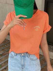 Camiseta De Manga Corta Con Letras Impresas - Naranja - Ver 2