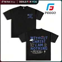 Camiseta de corte cuadrado para hombres FEEGO, cuello redondo, impresión de letras de fe cristiana, ropa casual de calle, camiseta blanca de manga corta para uso diario en todas las estaciones, camiseta de cuello redondo, camiseta gráfica divertida, camis 6VWU - Negro - Ver 1