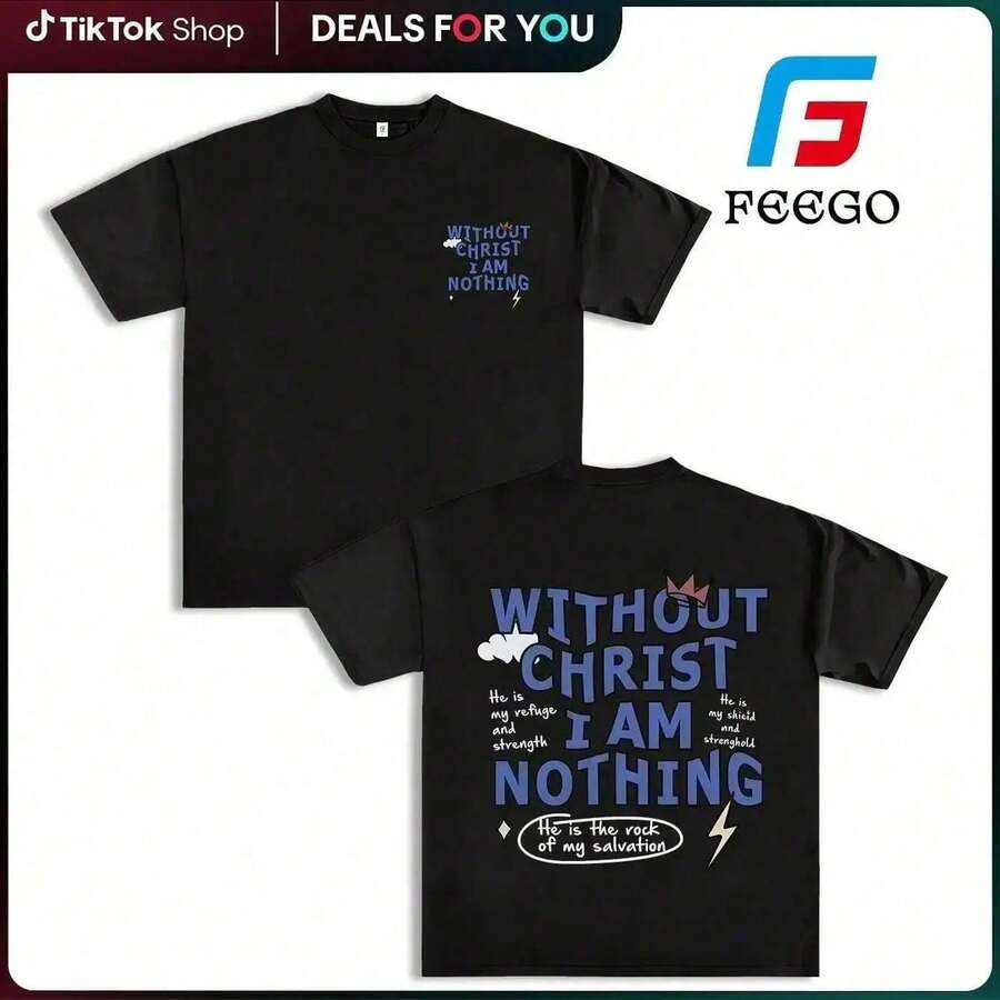 Camiseta de corte cuadrado para hombres FEEGO, cuello redondo, impresión de letras de fe cristiana, ropa casual de calle, camiseta blanca de manga corta para uso diario en todas las estaciones, camiseta de cuello redondo, camiseta gráfica divertida, camis 6VWU - Negro - Ver 1