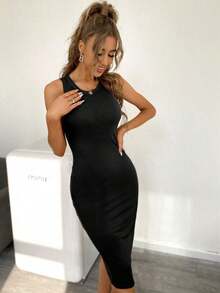 Vestido casual de mujer de unicolor, acanalado y ajustado sin mangas - Negro - Ver 3