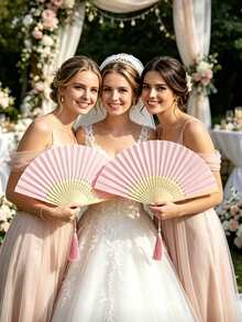 4pcs Value Set! Pink Bamboo Fan + Tassel + Bow + Storage Bag. Suitable For Wedding/Party/Daily Use. - Multicolor - View 3