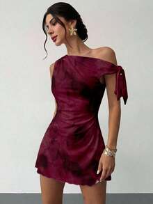 Vestido mini de vacaciones nuevo de verano para mujer, con hombro asimétrico, floral, sexy y elegante. Vestido floral de malla, con cuello asimétrico. Ropa de primavera/verano, atuendo de playa, elegante, sexy, de vacaciones, de playa, Hawái, cita, fiesta, festival de música, vestido de graduación, vestido de baile de graduación. - Burdeos 3 - Ver 5