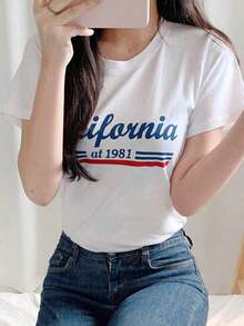Summer Letter Graphic Crew Neck T-Shirt - Vintage Street Style Unisex Loose Cotton Short Sleeve Crew Neck T-Shirt - Blouses For Women. Casual Blouses For Ladies. - 白色的 - 查看 6