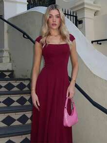 Vestido largo invierno estilo francés liso ajustado con tirantes cremallera y lazos traseros elegante moda para mujer - Burdeos - Ver 3