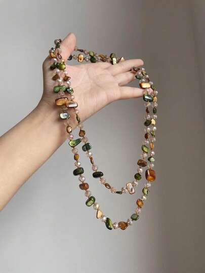 1pc Vintage Luxury Bohemian Style Colorful Random Size Shell Beaded Sweater Chain Necklace, Suitable For Women's Daily, Party And Holiday Wear